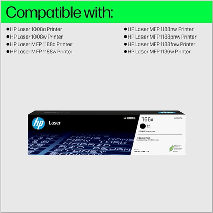 HP 166A (W1660A) Black LaserJet Toner Cartridge for HP Laser 1008a, 1008w, HP Laser MFP 1188a, 1188w, 1188nw Printers